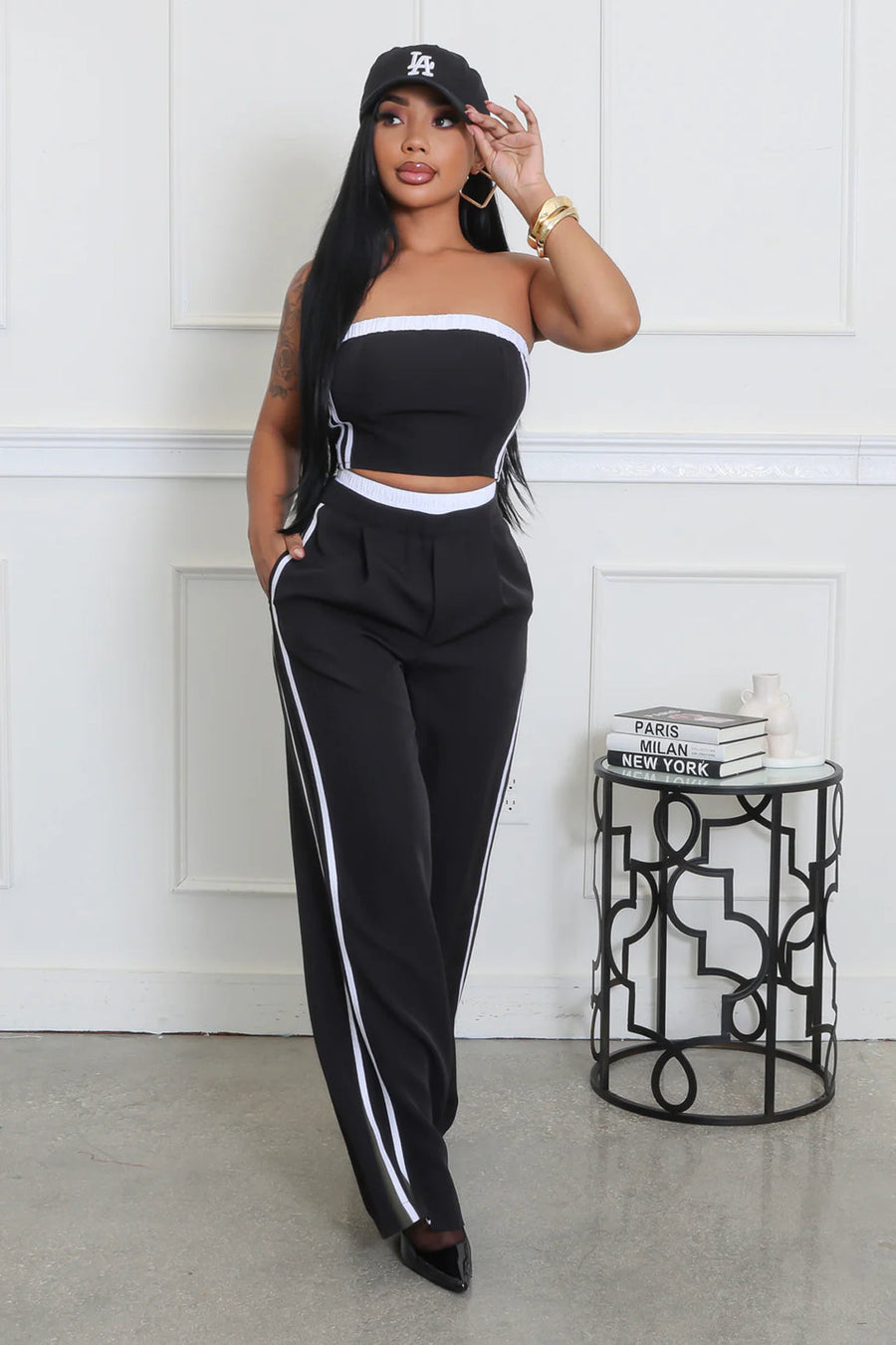 TRACK STRAPLESS PIN STRIPE CROP TOP & PANTS SET
