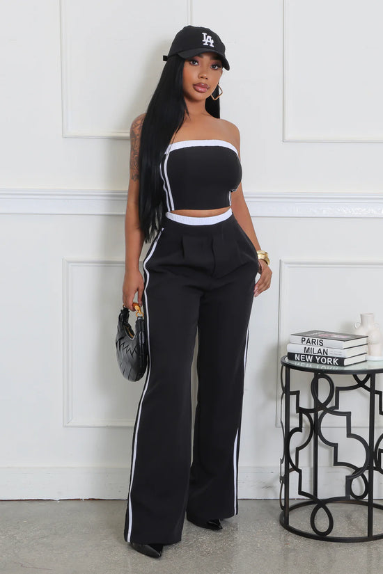 TRACK STRAPLESS PIN STRIPE CROP TOP & PANTS SET