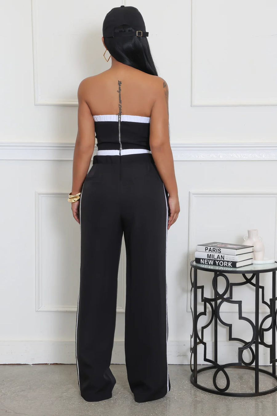TRACK STRAPLESS PIN STRIPE CROP TOP & PANTS SET