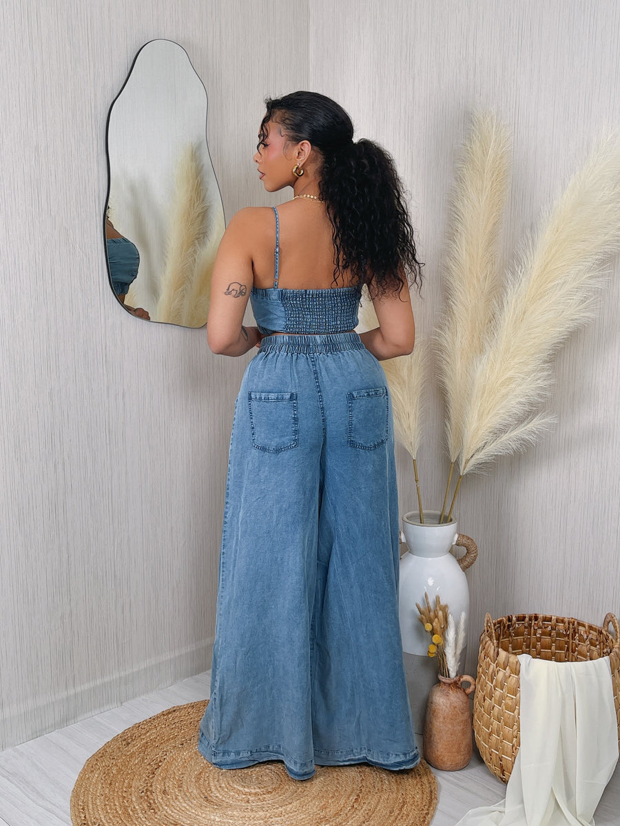 DENIM CROP TANK TOP & PANTS SET