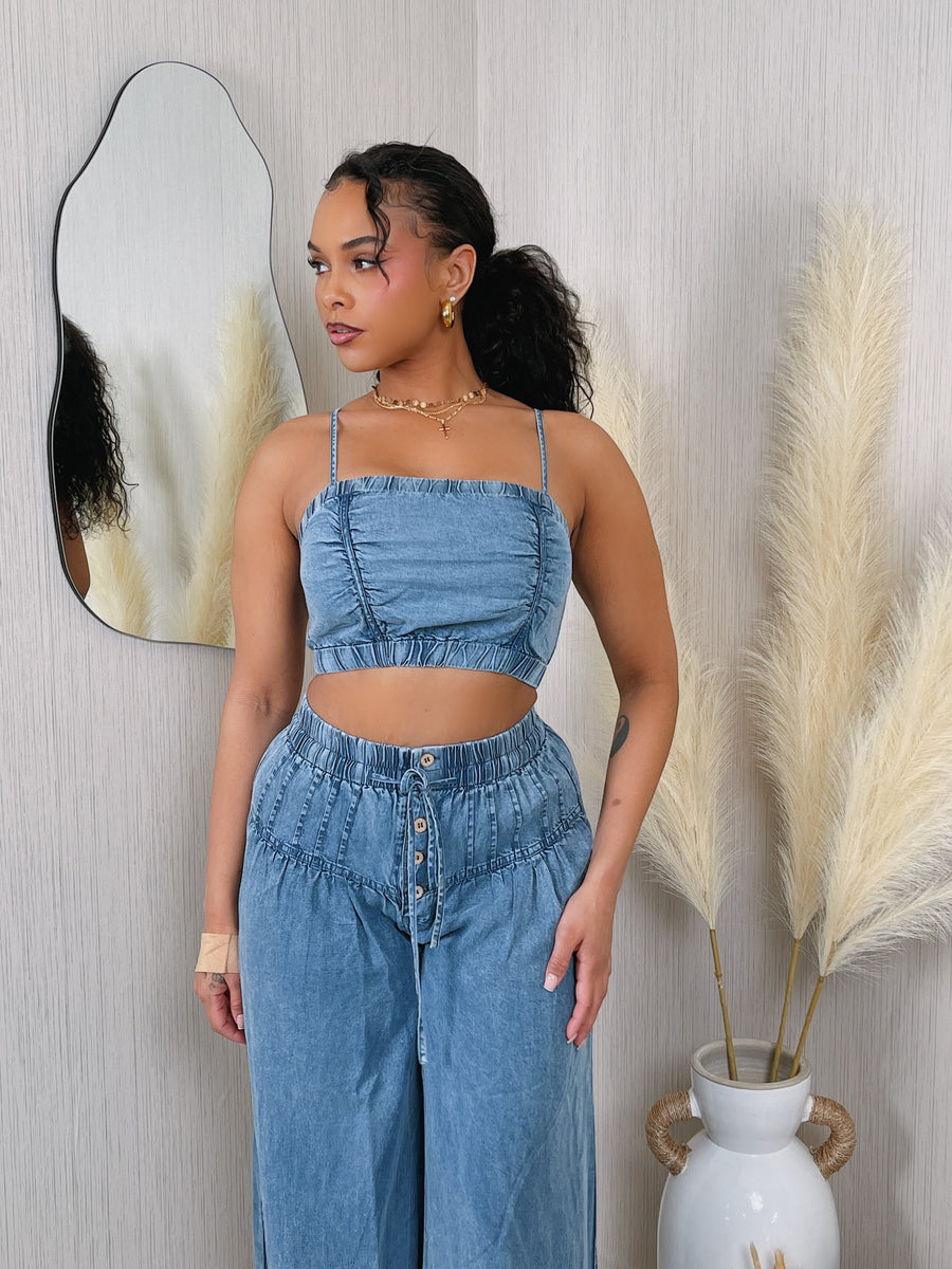 DENIM CROP TANK TOP & PANTS SET