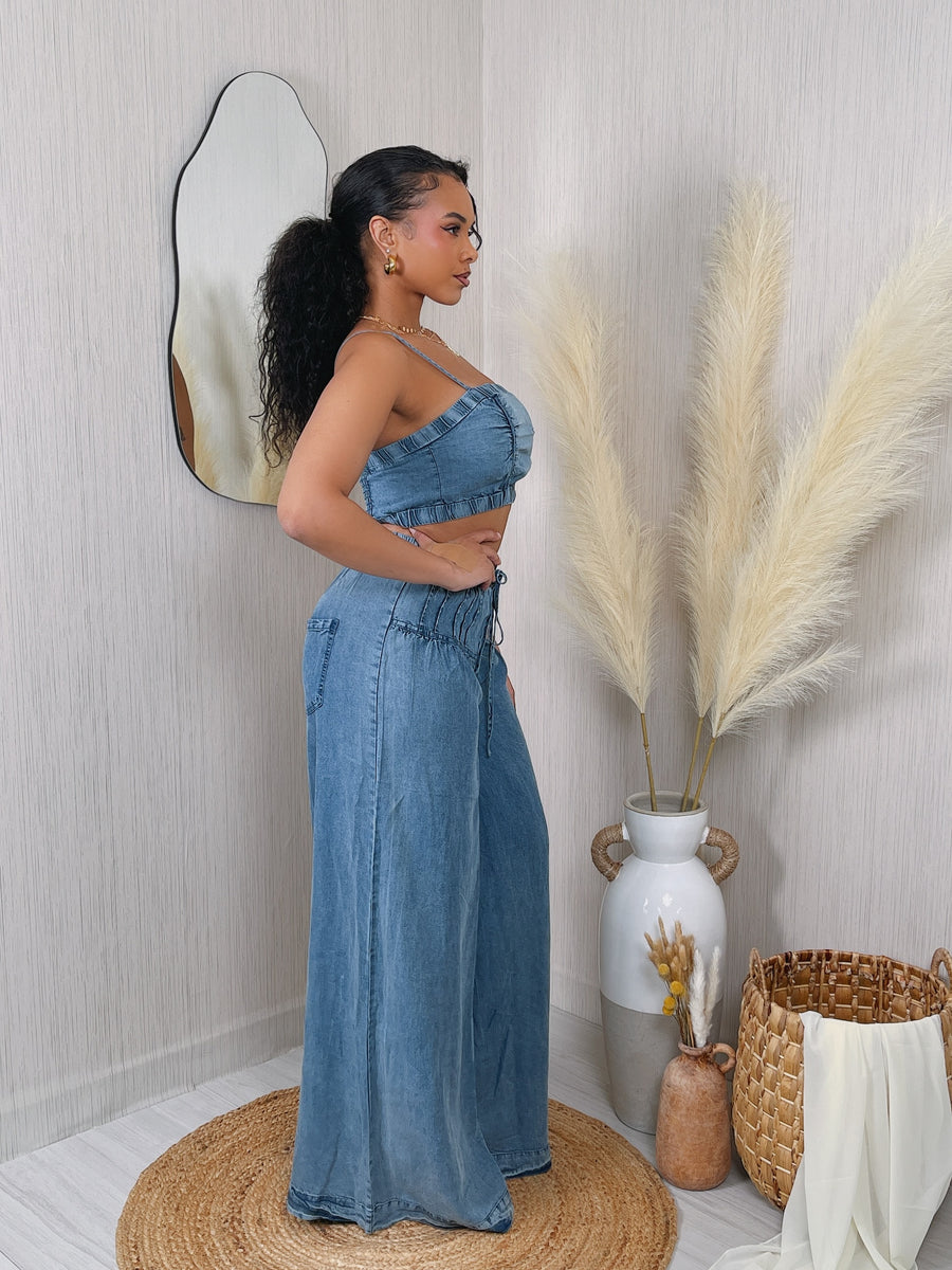 DENIM CROP TANK TOP & PANTS SET