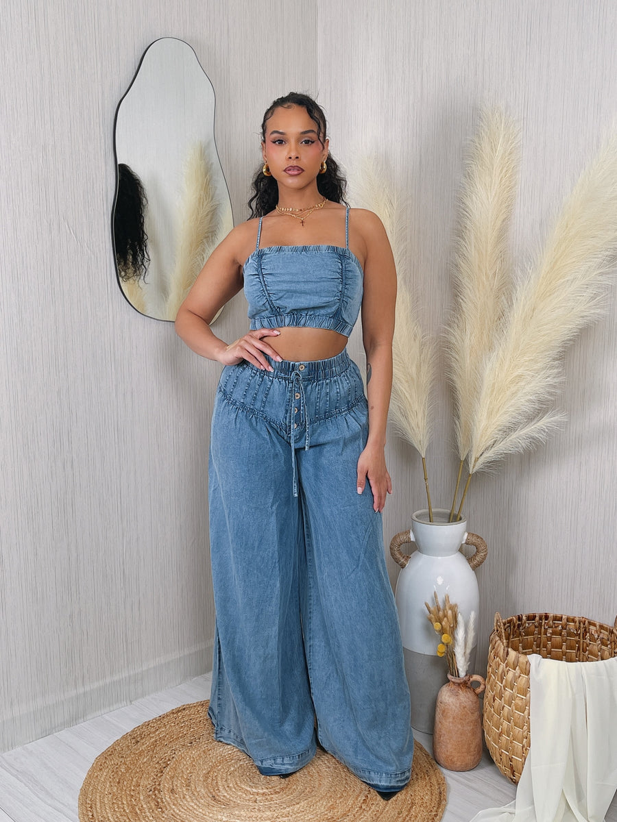 DENIM CROP TANK TOP & PANTS SET