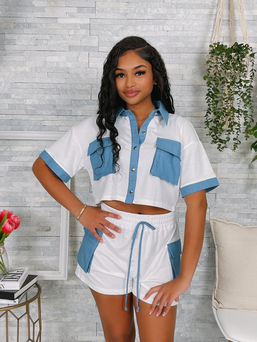 FRENCH TERRY DENIM S/S TOP & SHORTS SET